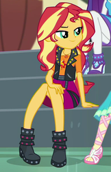 Size: 385x594 | Tagged: safe, screencap, fluttershy, rarity, sunset shimmer, equestria girls, equestria girls series, g4, overpowered (equestria girls), boots, clothes, cropped, eyebrows, female, geode of empathy, jewelry, leather, leather vest, legs, lidded eyes, looking at someone, magical geodes, necklace, off shoulder, offscreen character, raised eyebrow, shoes, sitting, skirt, smiling, solo focus, stairs, vest