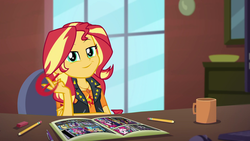 Size: 1920x1080 | Tagged: safe, screencap, sunset shimmer, equestria girls, g4, my little pony equestria girls: better together, super squad goals, breaking the fourth wall, eraser, female, fourth wall, geode of empathy, looking at you, magical geodes, marker, mug, pencil, smugset shimmer, solo, sunset's apartment