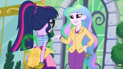 Size: 1920x1080 | Tagged: safe, screencap, princess celestia, principal celestia, sci-twi, twilight sparkle, equestria girls, g4, my little pony equestria girls: better together, my little shop of horrors, celestia's house, clothes, gloves, hand on hip, key, magic, rear view, watering can