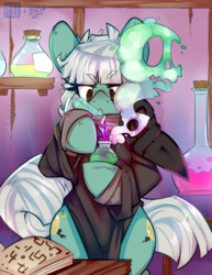 Size: 2550x3300 | Tagged: safe, artist:bbsartboutique, artist:ruef, oc, oc only, oc:sulfur powder, earth pony, pony, :<, clothes, collaboration, cutie mark, female, frazzled hair, frown, high res, laboratory, mask, plague doctor, plague doctor mask, potion, robe, skull, smoke, solo