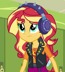 Size: 840x930 | Tagged: safe, screencap, sunset shimmer, equestria girls, g4, my little pony equestria girls: better together, overpowered (equestria girls), cropped, female, geode of empathy, headphones, magical geodes, solo