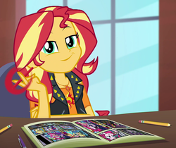 Size: 1132x950 | Tagged: safe, screencap, applejack, fluttershy, pinkie pie, rainbow dash, rarity, sci-twi, sunset shimmer, twilight sparkle, equestria girls, g4, my little pony equestria girls: better together, super squad goals, breaking the fourth wall, cropped, eraser, female, fourth wall, geode of empathy, humane five, humane seven, humane six, looking at you, magical geodes, markers, mug, pencil, smugset shimmer, solo, sunset's apartment, thief, traditional art