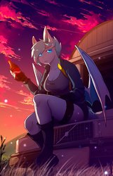 Size: 2255x3500 | Tagged: safe, artist:hakkids2, oc, oc only, bat pony, anthro, anthro oc, bat pony oc, bottle, car, clothes, cloud, commission, drink, female, high res, signature, sitting, sky, solo, sunset