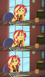 Size: 1607x2732 | Tagged: safe, screencap, sunset shimmer, equestria girls, g4, my little pony equestria girls: better together, super squad goals, breaking the fourth wall, cheek squish, eraser, female, fourth wall, geode of empathy, lidded eyes, looking at you, magical geodes, marker, mug, pencil, smiling, smirk, smugset shimmer, solo, squishy cheeks, sunset's apartment