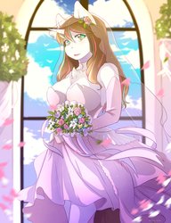 Size: 3138x4096 | Tagged: safe, artist:hakkids2, oc, oc only, unicorn, anthro, anthro oc, bouquet, breasts, bride, chest fluff, cleavage, cleavage fluff, clothes, cloud, dress, female, flower, flower in hair, gloves, long gloves, looking at you, mare, open mouth, plant, signature, sky, solo, wedding dress, window