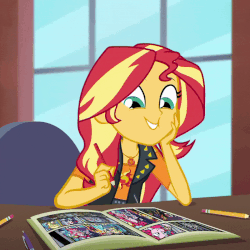 Size: 800x799 | Tagged: safe, screencap, sunset shimmer, equestria girls, equestria girls series, g4, super squad goals, animated, breaking the fourth wall, cheek squish, cropped, cute, female, fourth wall, geode of empathy, gif, lidded eyes, looking at you, magical geodes, marker, pencil, shimmerbetes, smiling, smirk, smugset shimmer, solo, squishy cheeks, sunset's apartment