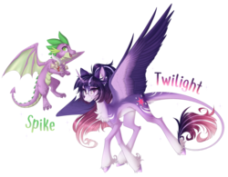 Size: 2348x1834 | Tagged: safe, artist:monogy, spike, twilight sparkle, alicorn, dragon, pony, g4, alternate design, female, glasses, leonine tail, mare, quill, scroll, simple background, transparent background, twilight sparkle (alicorn), unshorn fetlocks, winged spike, wings