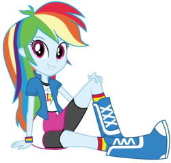 Size: 12300x11775 | Tagged: safe, artist:famousmari5, rainbow dash, equestria girls, g4, absurd resolution, boots, clothes, compression shorts, cute, female, shoes, shorts, simple background, sitting, skirt, smiling, socks, solo, transparent background, vector