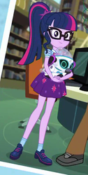 Size: 395x783 | Tagged: safe, screencap, bright idea, sci-twi, twilight sparkle, robot, a queen of clubs, equestria girls, equestria girls series, g4, clothes, cropped, female, glasses, legs, looking at you, offscreen character, ponytail, robot dog, shoes, skirt, smiling, socks