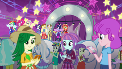 Size: 1920x1080 | Tagged: safe, screencap, applejack, blueberry cake, fluttershy, micro chips, pinkie pie, rainbow dash, rarity, sci-twi, starlight, sunny flare, sunset shimmer, sweet leaf, trixie, twilight sparkle, vignette valencia, violet bluff, equestria girls, equestria girls specials, g4, my little pony equestria girls: better together, my little pony equestria girls: rollercoaster of friendship, clothes, crystal prep academy uniform, equestria land, humane five, humane seven, humane six, ponied up, school uniform, sci-twilicorn, super ponied up