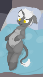 Size: 648x1154 | Tagged: safe, artist:rhythmpixel, oc, oc only, pony, unicorn, bed, belly, belly button, chubby, female, leonine tail, lineless, lying down, mare, pillow, solo