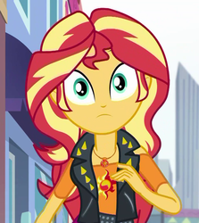 Size: 965x1080 | Tagged: safe, screencap, sunset shimmer, display of affection, equestria girls, g4, my little pony equestria girls: better together, cropped, female, geode of empathy, leather vest, magical geodes, solo
