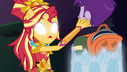Size: 1920x1080 | Tagged: safe, screencap, sugilite slight, sunset shimmer, equestria girls, equestria girls series, g4, super squad goals, blank eyes, crystal guardian, empathy, geode of empathy, glowing eyes, magical geodes, ponied up, thief, white eyes