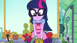 Size: 1920x1080 | Tagged: safe, screencap, sci-twi, twilight sparkle, equestria girls, g4, my little pony equestria girls: better together, my little shop of horrors, apron, cactus, celestia's house, clothes, cute, female, flower, geode of telekinesis, glasses, gloves, magical geodes, plants, solo, twiabetes