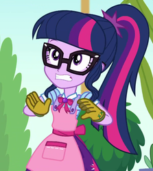 Size: 933x1046 | Tagged: safe, screencap, sci-twi, twilight sparkle, equestria girls, equestria girls series, g4, my little shop of horrors, apron, clothes, cropped, female, geode of telekinesis, glasses, gloves, gritted teeth, magical geodes, scared, solo