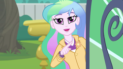 Size: 1920x1080 | Tagged: safe, screencap, princess celestia, principal celestia, equestria girls, equestria girls series, g4, my little shop of horrors, blazer, bracelet, clothes, cutie mark accessory, female, jewelry, lipstick, offscreen character, open mouth, open smile, pin, pointing, pov, shirt, smiling, solo