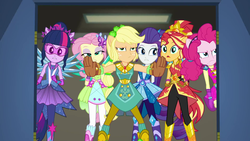 Size: 1920x1080 | Tagged: safe, screencap, applejack, fluttershy, pinkie pie, rarity, sci-twi, sunset shimmer, twilight sparkle, equestria girls, g4, my little pony equestria girls: better together, super squad goals, boots, cowboy boots, crystal guardian, female, geode of empathy, geode of sugar bombs, geode of super strength, geode of telekinesis, high heel boots, magical geodes, shoes