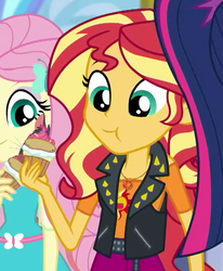 Size: 712x866 | Tagged: safe, screencap, fluttershy, sci-twi, sunset shimmer, twilight sparkle, equestria girls, g4, my little pony equestria girls: better together, super squad goals, cropped, cupcake, eating, female, food, geode of empathy, magical geodes, offscreen character