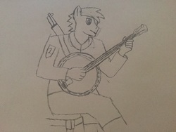 Size: 3264x2448 | Tagged: safe, artist:razhunter, oc, oc only, oc:hunter, anthro, banjo, clothes, drawing, high res, jacket, m1 garand, musical instrument, solo, traditional art