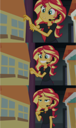 Size: 1623x2731 | Tagged: safe, screencap, sunset shimmer, equestria girls, g4, my little pony equestria girls: better together, opening night, opening night: twilight sparkle, cute, director shimmer, female, frown, geode of empathy, grin, headset, lidded eyes, magical geodes, nervous, pointing, shimmerbetes, smiling, solo, unamused, worried, you tried