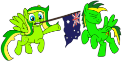 Size: 1024x513 | Tagged: safe, artist:didgereethebrony, oc, oc only, oc:boomerang beauty, oc:didgeree, pegasus, pony, australia, australian flag, blue eyes, boomeree, cutie mark, female, flag, flag waving, flying, male, mare, needs more saturation, simple background, stallion, transparent background