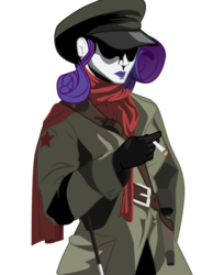 Size: 1592x2052 | Tagged: safe, artist:aaronmk, rarity, human, g4, cel shading, cigarette, clothes, female, frown, grenade, hat, hidden eyes, humanized, hungary, lipstick, military uniform, purple lipstick, scarf, shadow, simple background, solo, transparent background, trenchcoat, uniform, weapon, whip