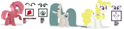 Size: 1726x416 | Tagged: safe, artist:awoomarblesoda, surprise, oc, oc:mossy pie, oc:ruby pie, earth pony, pony, female, mare, reference sheet, simple background, transparent background
