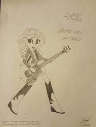 Size: 1330x1752 | Tagged: safe, artist:forzaveteranenigma, sunset shimmer, equestria girls, g4, black and white, brian may, female, grayscale, guitar, monochrome, queen, solo, trace, traditional art