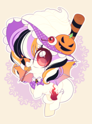 Size: 1750x2350 | Tagged: safe, artist:juddjoy, oc, oc:magic sprinkles, augmented tail, bat wings, bow, candy, chibi, cream, eyeball, food, halloween, holiday, lollipop, patch, pumpkin, wings