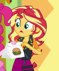 Size: 778x937 | Tagged: safe, screencap, pinkie pie, sunset shimmer, a fine line, equestria girls, g4, my little pony equestria girls: better together, burger, clothes, cropped, female, food, geode of empathy, hamburger, jacket, leather jacket, magical geodes, meat, offscreen character, skirt
