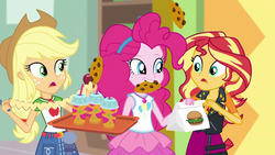 Size: 1920x1080 | Tagged: safe, screencap, applejack, pinkie pie, sunset shimmer, a fine line, equestria girls, g4, my little pony equestria girls: better together, apple, cookie, fast food, food, geode of empathy, geode of sugar bombs, geode of super strength, juice, magical geodes