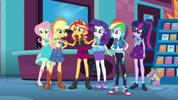 Size: 1920x1080 | Tagged: safe, screencap, applejack, fluttershy, rainbow dash, rarity, sci-twi, spike, spike the regular dog, sunset shimmer, twilight sparkle, dog, a fine line, equestria girls, g4, my little pony equestria girls: better together, boots, clothes, converse, cowboy hat, cutie mark on clothes, denim skirt, geode of empathy, geode of fauna, geode of shielding, geode of super speed, geode of super strength, geode of telekinesis, glasses, hat, high heel boots, high heels, jacket, leather jacket, magical geodes, mall, ponytail, sandals, sci-twi skirt, shoes, skirt, sneakers, stetson, store