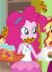 Size: 773x1079 | Tagged: safe, screencap, pinkie pie, sunset shimmer, a fine line, equestria girls, g4, my little pony equestria girls: better together, burger, cheeseburger, cookie, cropped, cute, diapinkes, drink, female, food, geode of sugar bombs, hamburger, headband, magical geodes, offscreen character, smiling