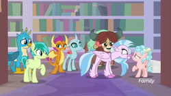 Size: 1920x1080 | Tagged: safe, screencap, cozy glow, gallus, ocellus, sandbar, silverstream, smolder, yona, changedling, changeling, classical hippogriff, dragon, earth pony, griffon, hippogriff, pegasus, pony, yak, g4, what lies beneath, book, bookshelf, boop, bow, cloven hooves, discovery family, discovery family logo, dragoness, female, filly, hair bow, help me, jewelry, logo, male, misleading thumbnail, monkey swings, necklace, noseboop, slasher smile, smiling, stranger danger, student six, teenager