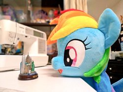 Size: 1024x768 | Tagged: safe, artist:nekokevin, rainbow dash, pegasus, pony, g4, cute, dashabetes, female, irl, looking at something, mare, new york, new york city, open mouth, photo, plushie, sewing machine, smiling, solo, stare