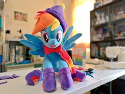Size: 1024x768 | Tagged: safe, artist:nekokevin, rainbow dash, pegasus, pony, g4, clothes, cute, dashabetes, female, hat, irl, looking at you, mare, open mouth, photo, plushie, scarf, sitting, smiling, socks, solo, spread wings, wings, winter outfit