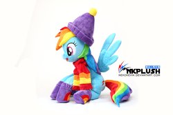Size: 4096x2730 | Tagged: safe, artist:nekokevin, rainbow dash, pegasus, pony, g4, clothes, cute, dashabetes, female, hat, irl, mare, open mouth, photo, plushie, scarf, simple background, sitting, smiling, socks, solo, spread wings, watermark, white background, wings, winter outfit