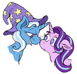 Size: 1202x1153 | Tagged: safe, artist:nelfs, starlight glimmer, trixie, pony, unicorn, g4, boop, female, grin, horn, horns are touching, lesbian, looking at each other, mare, noseboop, ship:startrix, shipping, simple background, smiling, white background