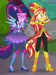 Size: 579x765 | Tagged: safe, screencap, sunset shimmer, twilight sparkle, equestria girls, g4, my little pony equestria girls: better together, super squad goals, boots, cropped, crystal guardian, high heel boots, ponied up, shocked, shoes