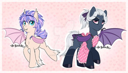 Size: 1024x584 | Tagged: safe, artist:askbubblelee, oc, oc only, bat pony, pony, apron, bat pony oc, clothes, duo, fangs, female, grumpy, male, mare, raised hoof, slit pupils, smiling, stallion, unshorn fetlocks, watermark