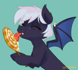 Size: 986x889 | Tagged: safe, artist:de4thpunch, oc, oc:sagittarius, bat pony, candy, fangs, food, licking, lollipop, male, tongue out