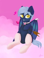 Size: 1500x2000 | Tagged: safe, artist:ginger-ginger, oc, oc:sagittarius, bat pony, pony, arrow, choker, clothes, cupid, heart arrow, male, socks, thigh highs