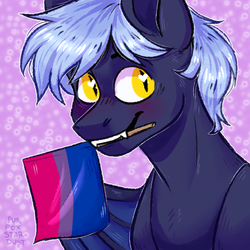 Size: 800x800 | Tagged: safe, artist:stardust_purfox, oc, oc only, oc:sagittarius, bat pony, pony, bisexual pride flag, cute, lgbt, male, mouth hold, pride, solo, wings