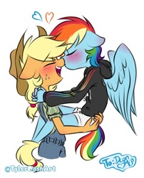 Size: 720x889 | Tagged: safe, artist:tylerdashart, applejack, rainbow dash, earth pony, pegasus, anthro, g4, applejack's hat, blushing, butt touch, clothes, cowboy hat, eyes closed, female, freckles, gift art, hand on butt, hat, heart, kissing, lesbian, open mouth, pants, ship:appledash, shipping, shirt, shorts, signature, simple background, sweater, white background