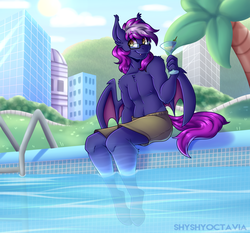 Size: 3040x2832 | Tagged: safe, artist:shyshyoctavia, oc, oc only, bat pony, anthro, city, clothes, glass, high res, male, solo, stallion, swimming pool, swimming trunks, wine glass