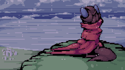 Size: 960x540 | Tagged: safe, artist:stockingshot56, oc, oc only, oc:bizarre song, pony, animated, clothes, cloud, coat, gif, hill, loop, male, ocean, pixel art, rain, scenery, solo, stallion, stonehenge, wave, weather