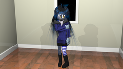 Size: 1920x1080 | Tagged: safe, artist:binary6, oc, oc only, oc:xenite, anthro, 3d, 3d model, blushing, clothes, female, hoodie, render, shy, socks, solo, striped socks, thigh highs