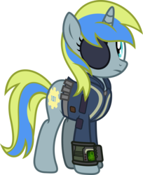 Size: 3264x4001 | Tagged: safe, artist:fuzzybrushy, oc, oc:vaulty, pony, unicorn, clothes, eyepatch, fallout, jumpsuit, pipbuck, simple background, transparent background, vault suit, vector
