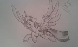 Size: 960x576 | Tagged: safe, artist:enviaart, twilight sparkle, alicorn, pony, g4, eyes closed, female, flying, gray background, grayscale, happy, monochrome, open mouth, signature, simple background, solo, spread wings, traditional art, twilight sparkle (alicorn), wings