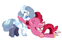 Size: 800x564 | Tagged: safe, artist:sonpufum, oc, oc:lullaby, oc:princeso, blushing, clothes, gay, heart, hoof shoes, kissing, male, simple background, socks, surprise kiss, surprised, transparent background